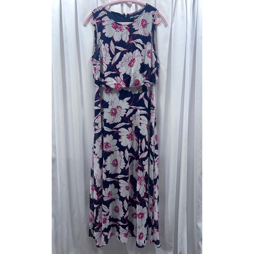Karl Lagerfeld Paris Womens Floral Chiffon Maxi Dress Navy Pink 8 Wedding Guest - Picture 1 of 7